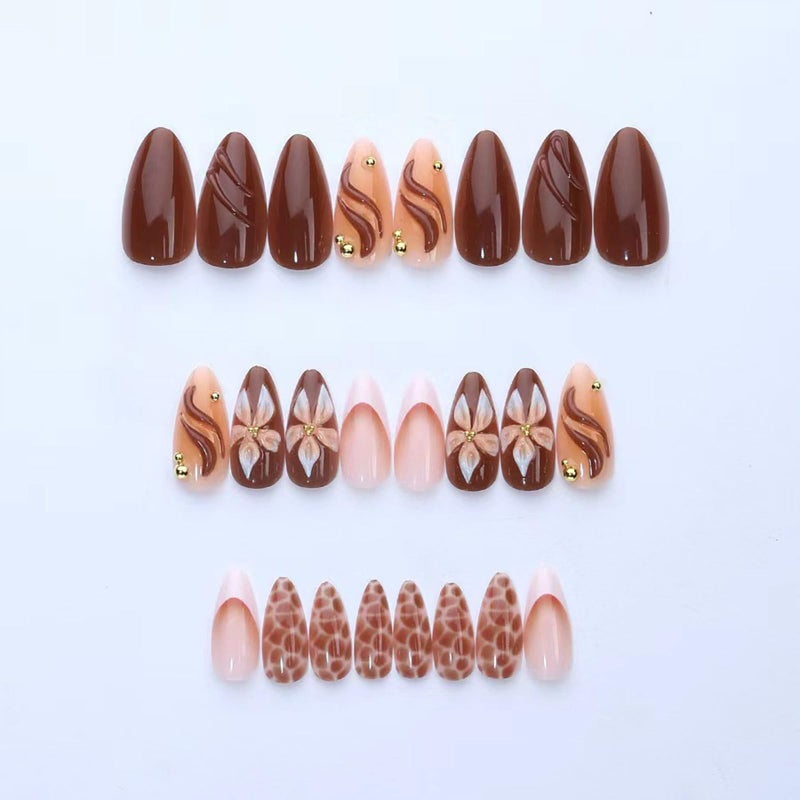 SINHOT Press on Nails - Medium Almond Fake Nails, Glossy Finish, 3D Flower & Brown Swirl, DIY Artificial False Nail Art - 24 Pcs Nail Kit with Glue - Image 3